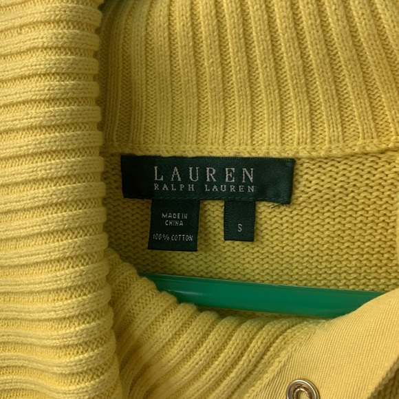NWT Lauren Ralph Lauren Yellow Cotton Sweater SZ S Foldover Collar Gold Snaps - Picture 3 of 5